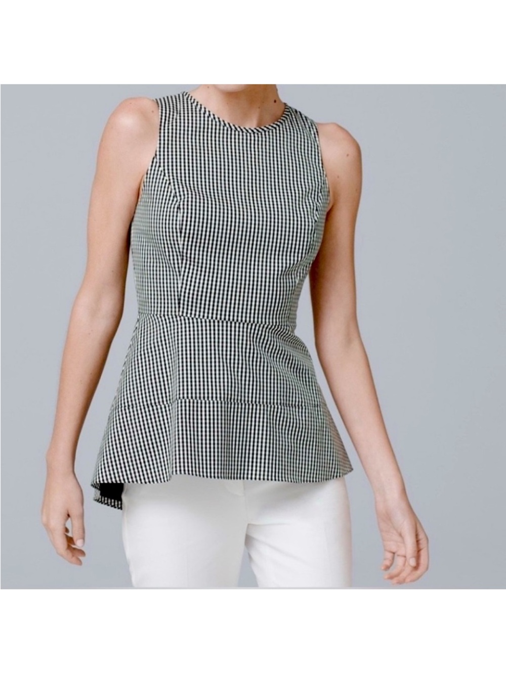 White House Black Market Sleeveless Black & White Gingham Peplum Tank